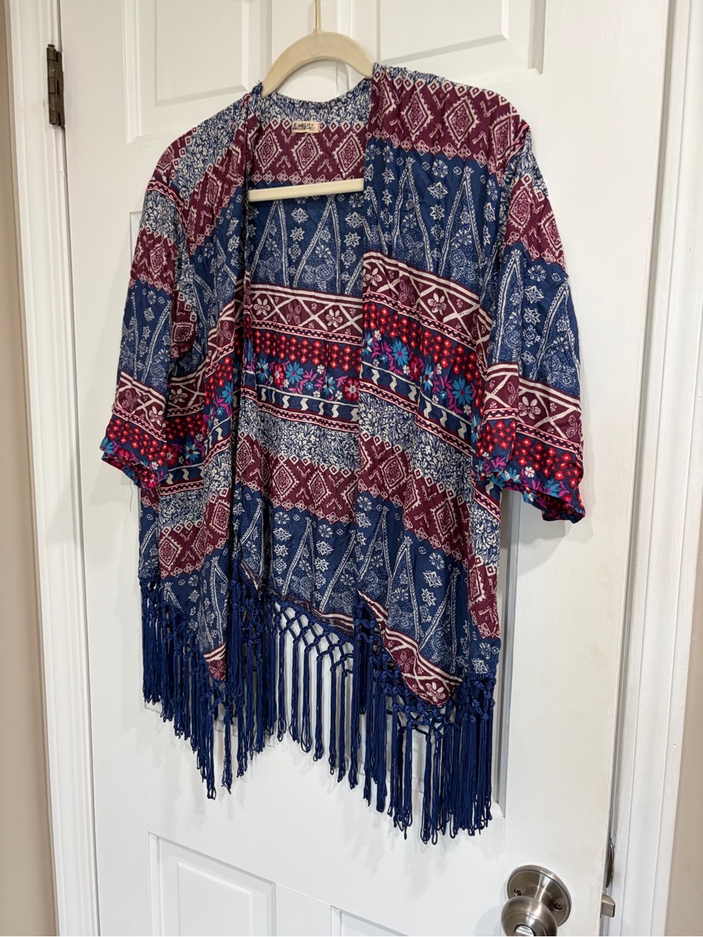 Boho Fringe Kimono - Blue & Burgundy Patterned Wrap